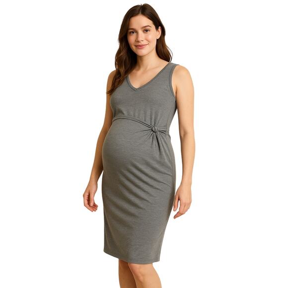 Gap Maternity Stretch Soft Wrap Twist Heathered Gray Midi V Neck Dress Small - Picture 1 of 5